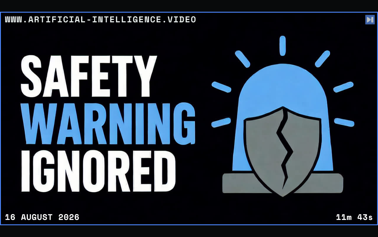 The words Safety Warning Ignored beside a cracked shield and blue warning beacon on a black background, with a small processing mark at the top right. Framed in blue with WWW.ARTIFICIAL-INTELLIGENCE.VIDEO, 16 August 2026 and duration 11m 43s.