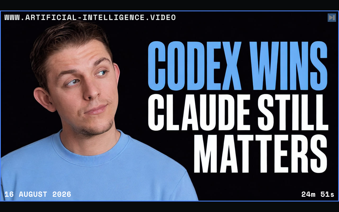 Riley Brown beside the words Codex Wins Claude Still Matters Framed in blue with WWW.ARTIFICIAL-INTELLIGENCE.VIDEO, 16 August 2026 and duration 24m 51s.