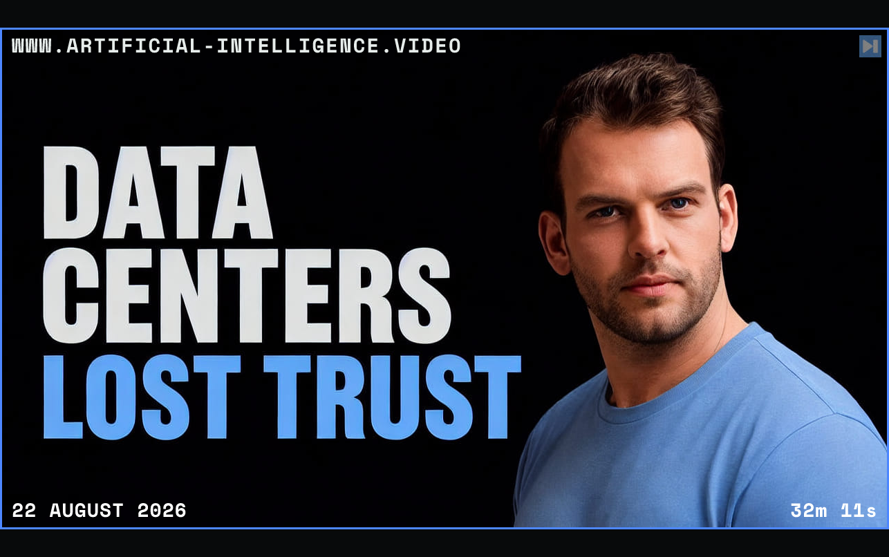 Nathaniel Whittemore beside the words Data Centers Lost Trust Framed in blue with WWW.ARTIFICIAL-INTELLIGENCE.VIDEO, 22 August 2026 and duration 32m 11s.