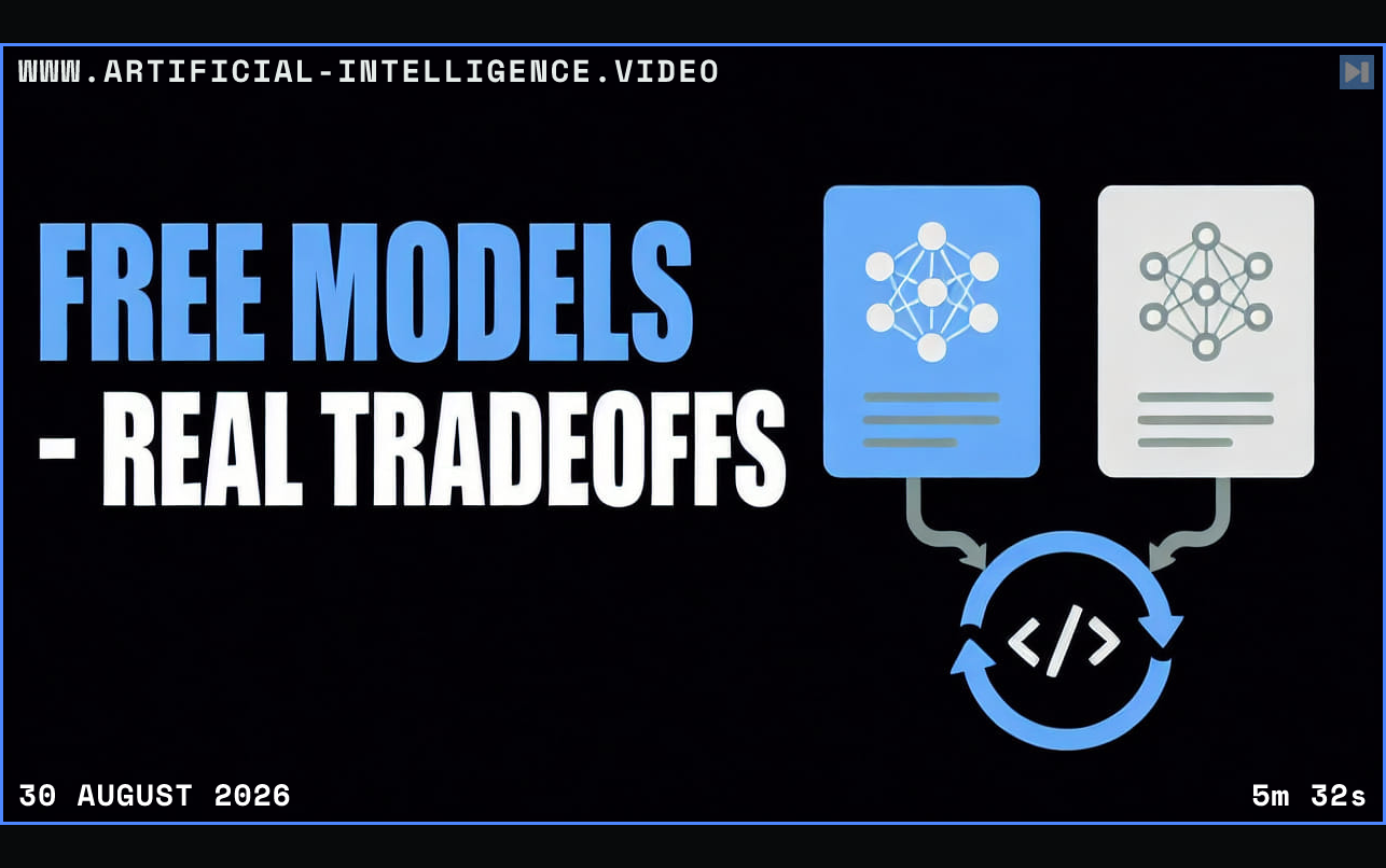 Free Models - Real Tradeoffs with two model cards feeding a coding loop Framed in blue with WWW.ARTIFICIAL-INTELLIGENCE.VIDEO, 30 August 2026 and duration 5m 32s.
