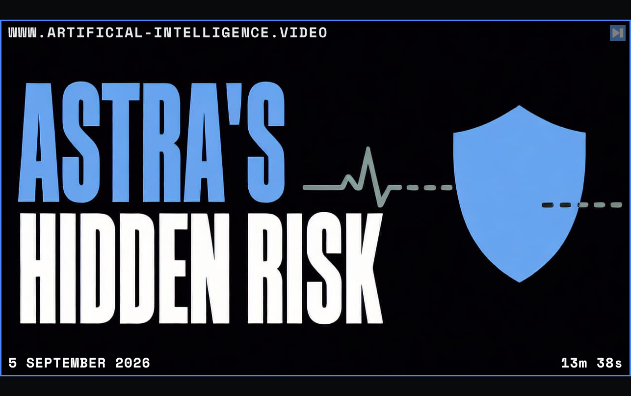 Flat shield and interrupted monitoring trace beside the words Astra's Hidden Risk Framed in blue with WWW.ARTIFICIAL-INTELLIGENCE.VIDEO, 5 September 2026 and duration 13m 38s.