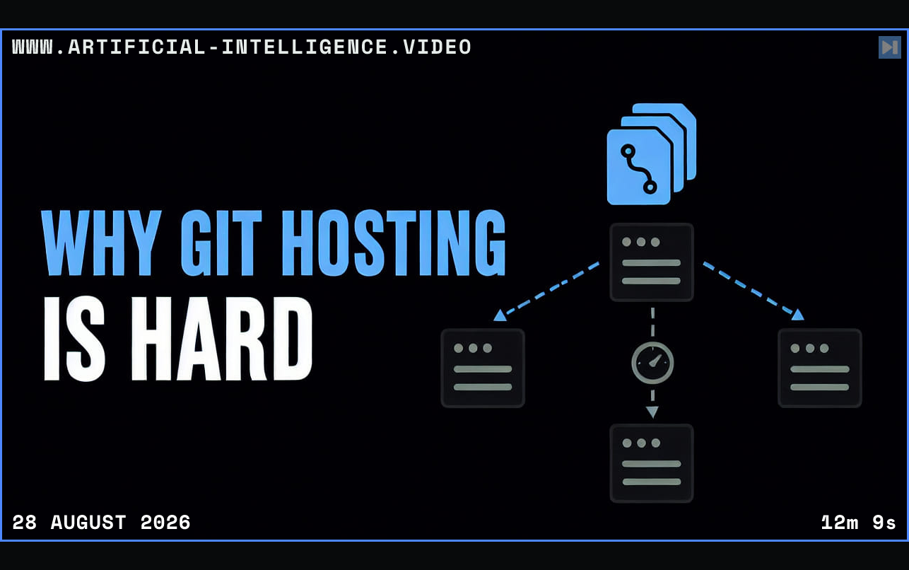 Why Git Hosting Is Hard beside a flat diagram of replicated repository servers and a latency bottleneck Framed in blue with WWW.ARTIFICIAL-INTELLIGENCE.VIDEO, 28 August 2026 and duration 12m 9s.