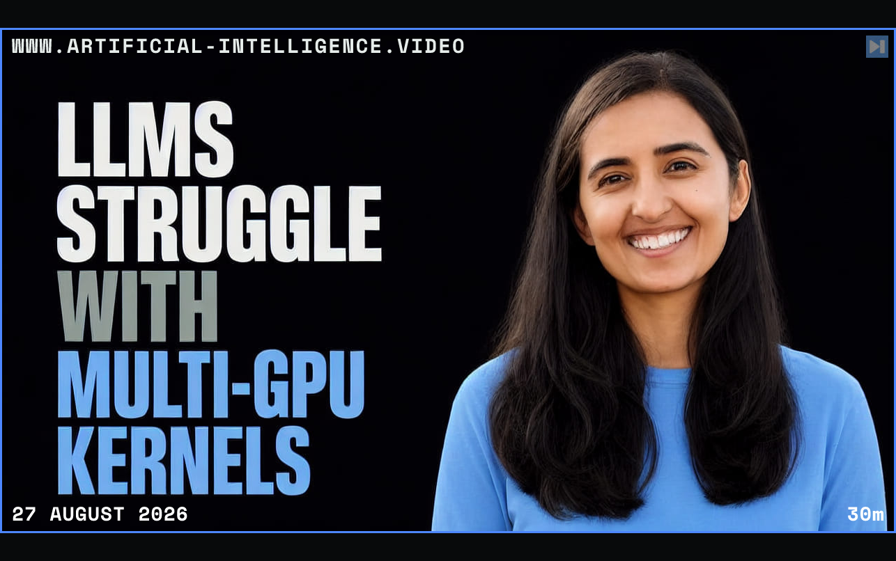 Simran Arora beside the words LLMs Struggle With Multi-GPU Kernels Framed in blue with WWW.ARTIFICIAL-INTELLIGENCE.VIDEO, 27 August 2026 and duration 30m.