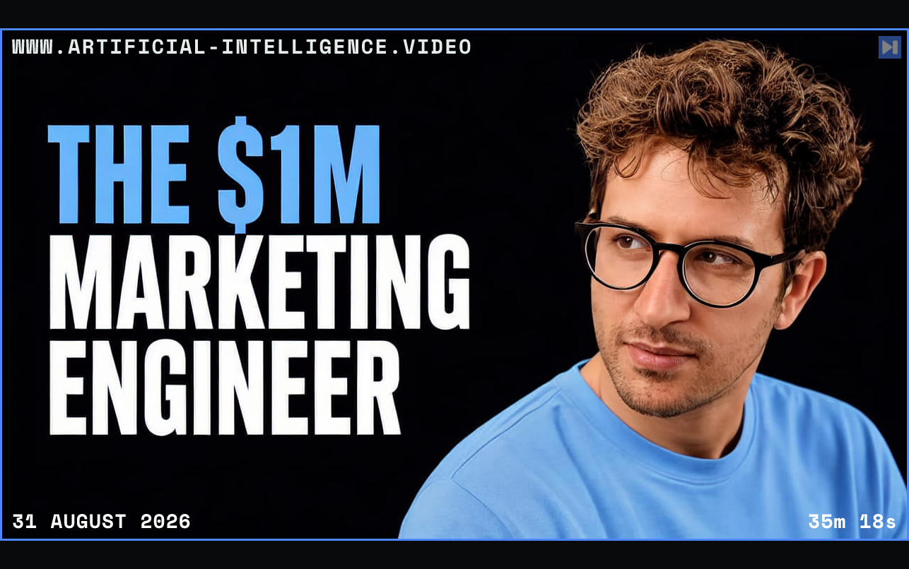Greg Isenberg looking toward the words The $1M Marketing Engineer Framed in blue with WWW.ARTIFICIAL-INTELLIGENCE.VIDEO, 31 August 2026 and duration 35m 18s.