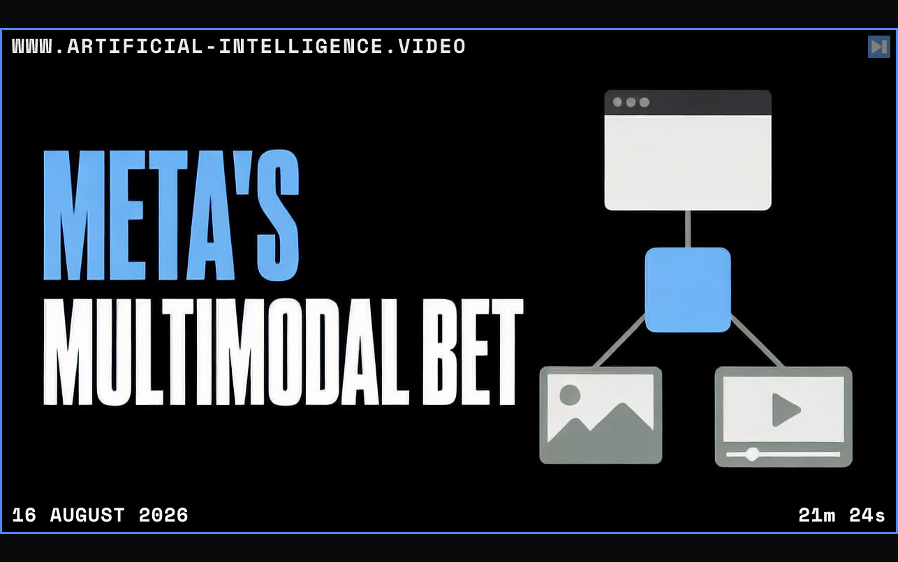 The words Meta's Multimodal Bet beside a flat agent diagram connecting browser, image and video capabilities Framed in blue with WWW.ARTIFICIAL-INTELLIGENCE.VIDEO, 16 August 2026 and duration 21m 24s.