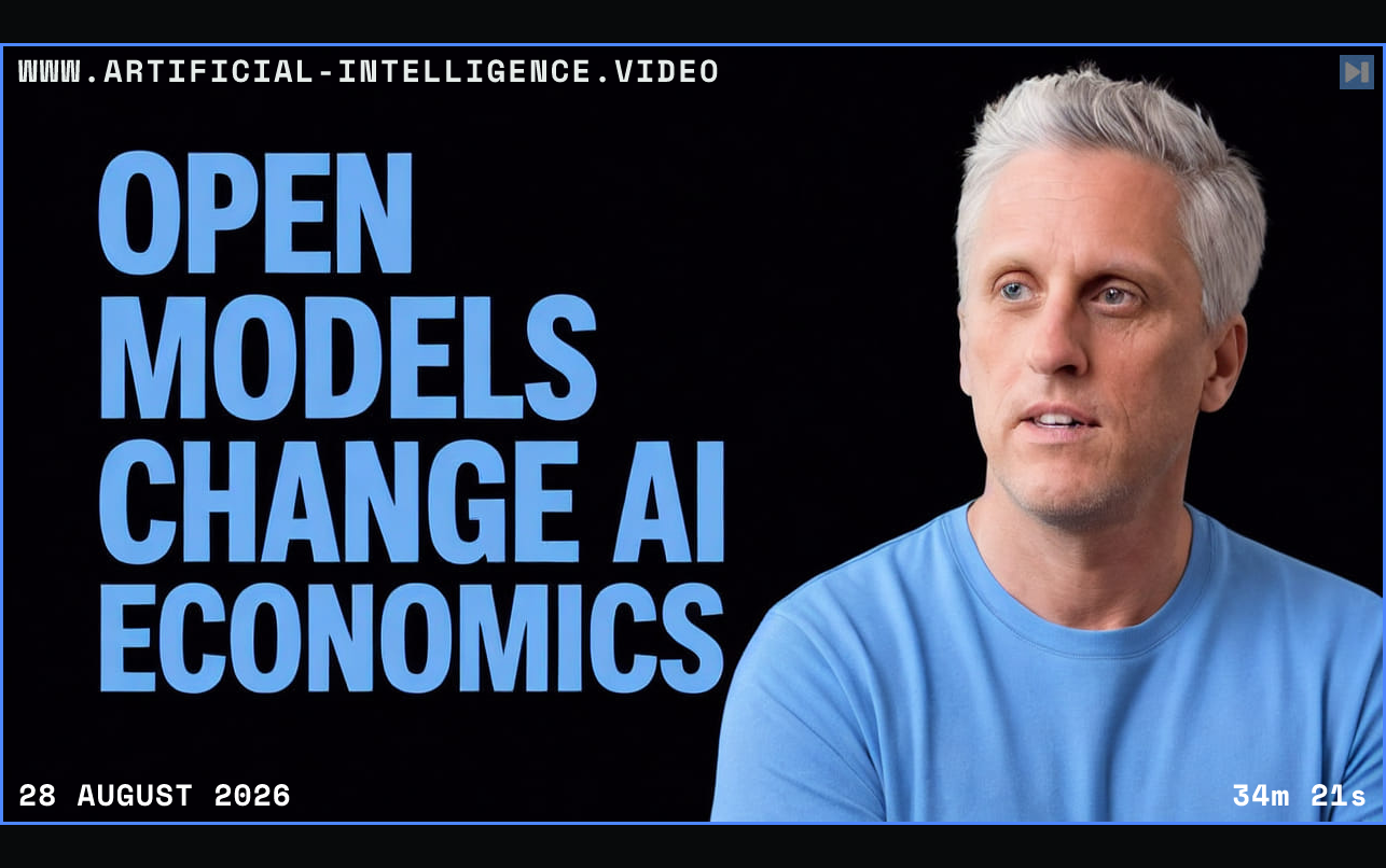 Aaron Levie beside the words Open Models Change AI Economics Framed in blue with WWW.ARTIFICIAL-INTELLIGENCE.VIDEO, 28 August 2026 and duration 34m 21s.