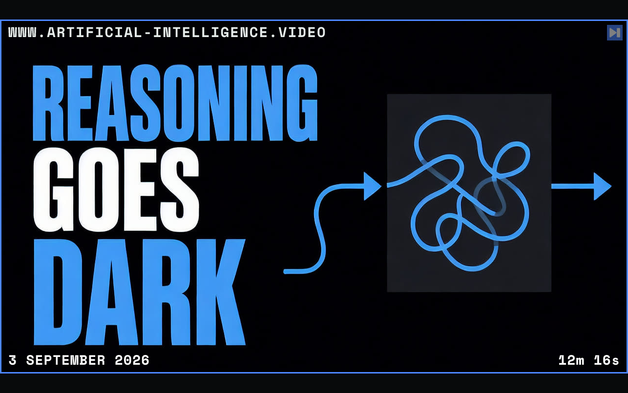 Flat illustration of a reasoning loop entering a dark box beside the headline Reasoning Goes Dark Framed in blue with WWW.ARTIFICIAL-INTELLIGENCE.VIDEO, 3 September 2026 and duration 12m 16s.