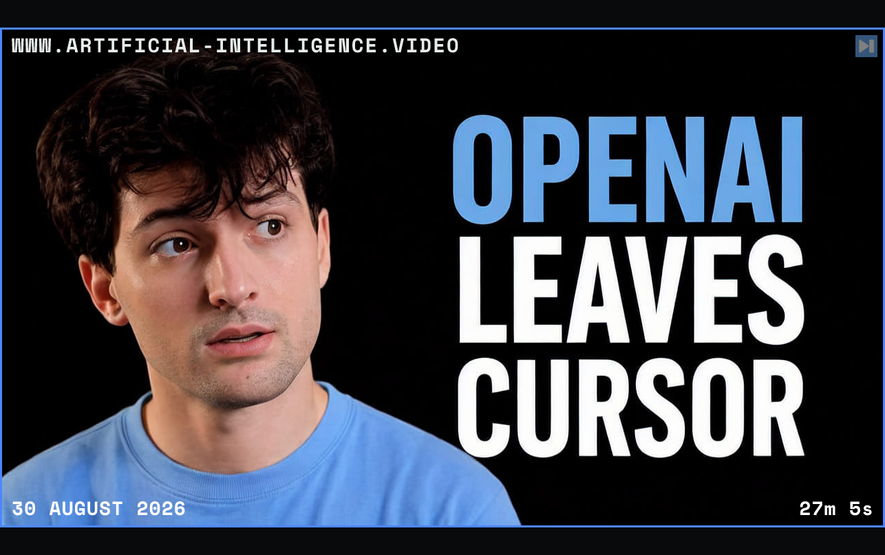 Theo Browne beside the words OpenAI Leaves Cursor Framed in blue with WWW.ARTIFICIAL-INTELLIGENCE.VIDEO, 30 August 2026 and duration 27m 5s.