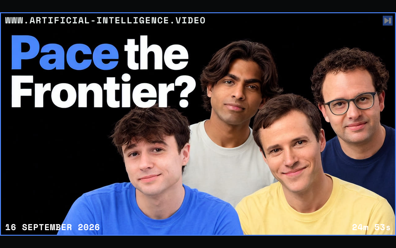 Jacob Coxon, Adam Majmudar, Dan Selsam and Dario Amodei against black beside the headline Pace the Frontier?. Framed in blue with WWW.ARTIFICIAL-INTELLIGENCE.VIDEO, 16 September 2026 and duration 24m 53s.