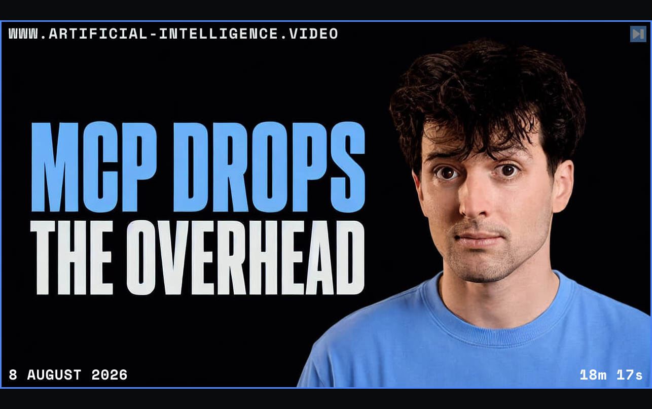 Theo Browne beside the words MCP Drops the Overhead Framed in blue with WWW.ARTIFICIAL-INTELLIGENCE.VIDEO, 8 August 2026 and duration 18m 17s.