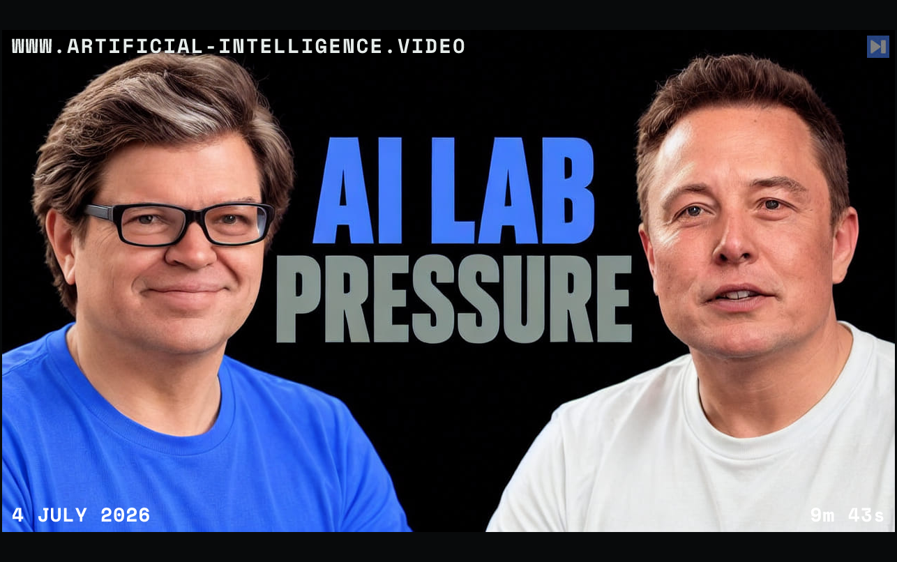 Yann LeCun and Elon Musk flank the words AI LAB PRESSURE. With WWW.ARTIFICIAL-INTELLIGENCE.VIDEO, 4 July 2026 and duration 9m 43s.