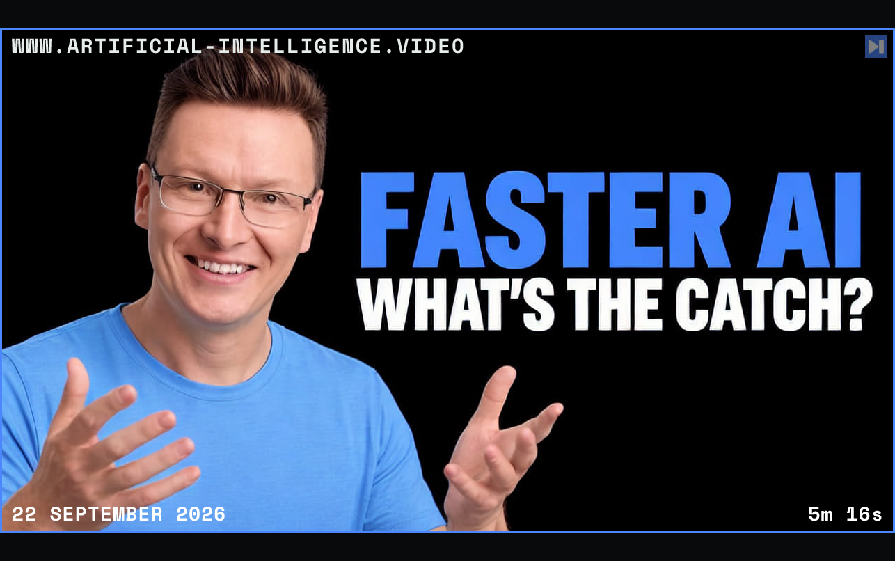 Károly Zsolnai-Fehér beside the blue-and-white headline “FASTER AI WHAT'S THE CATCH?” on a black background. Framed in blue with WWW.ARTIFICIAL-INTELLIGENCE.VIDEO, 22 September 2026 and duration 5m 16s.