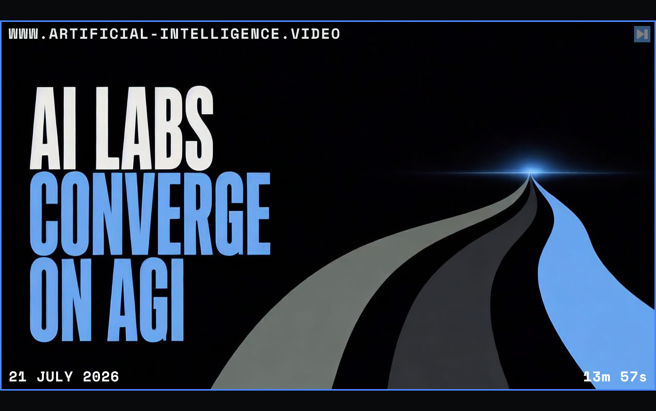 Three broad paths converge beside the words AI Labs Converge on AGI Framed in blue with WWW.ARTIFICIAL-INTELLIGENCE.VIDEO, 21 July 2026 and duration 13m 57s.